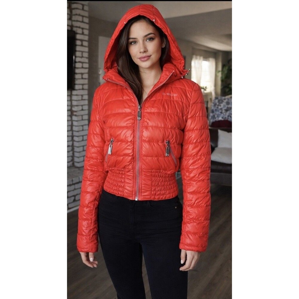 Bebe Women’s Sz XS/TP Orange Quilted Puffer Jacket Hooded Zip Front Cropped Coat